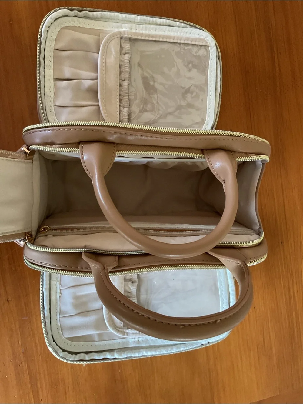 Cream and Tan Cosmetic Travel Case with Top Handles